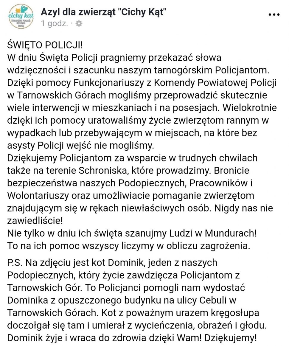zdjęcie przedstawia podziękowania od azylu dla zwierząt Cichy Kąt dla tarnogórskich policjantów z okazji ich święta