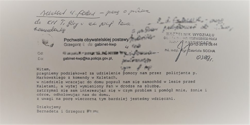 zdjęcie przedstawia maila, w którym obywatel dziękuje policjantom za pomoc i zaangażowanie 