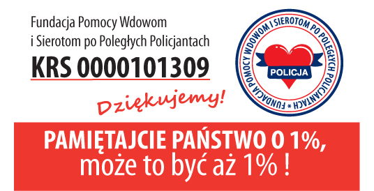Grafika: serce oplecione wstęgą z napisem Policja. Dookoła grafiki znajduje się napis Fundację Pomocy Wdowom i Sierotom po Poległych Policjantach