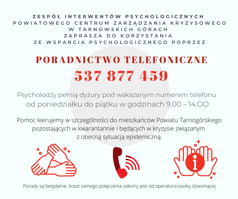 Plakat, na którym widnieje między innymi numer telefonu 537 877 459,  pod którym można skontaktować się z psychologami