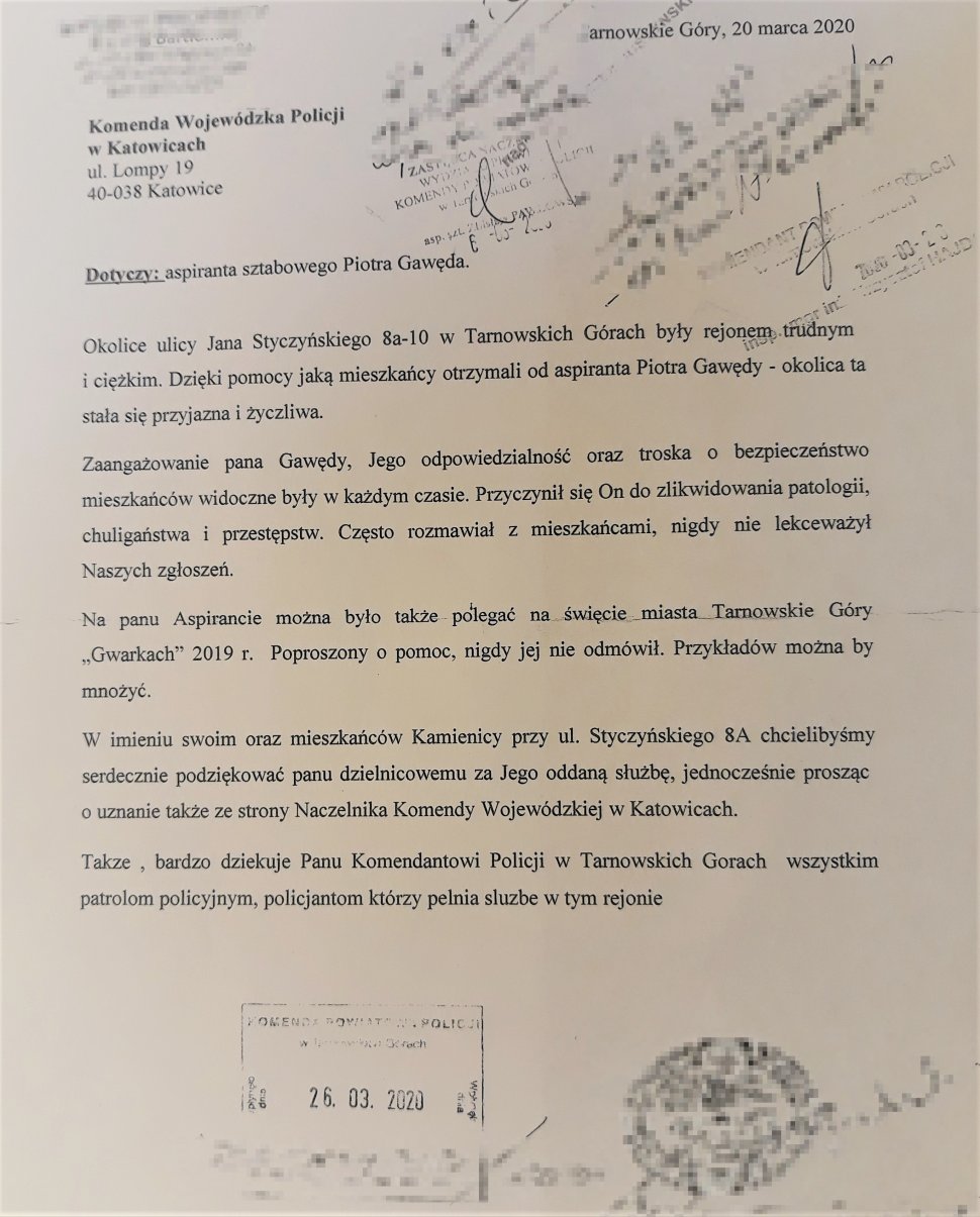 pismo - podziękowanie od mieszkańca Tarnowskich Gór