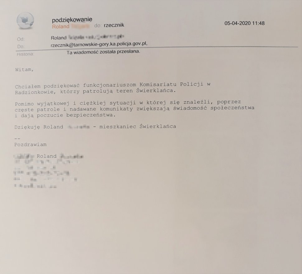 zdjęcie przedstawia maila, w którym obywatel dziękuje policjantom za pomoc i zaangażowanie 