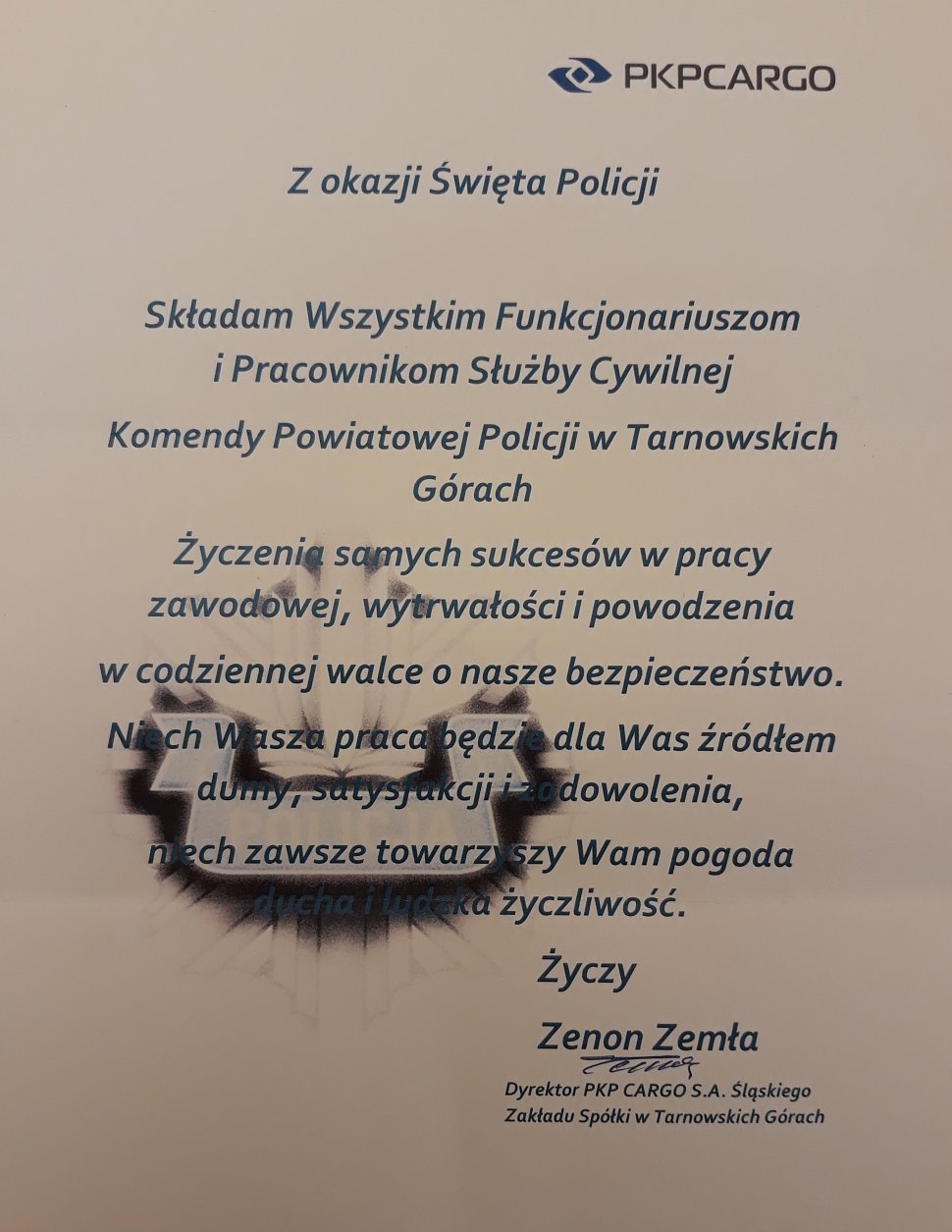 Adres okolicznościowy z życzeniami dla policjantów od PKP CARGO
