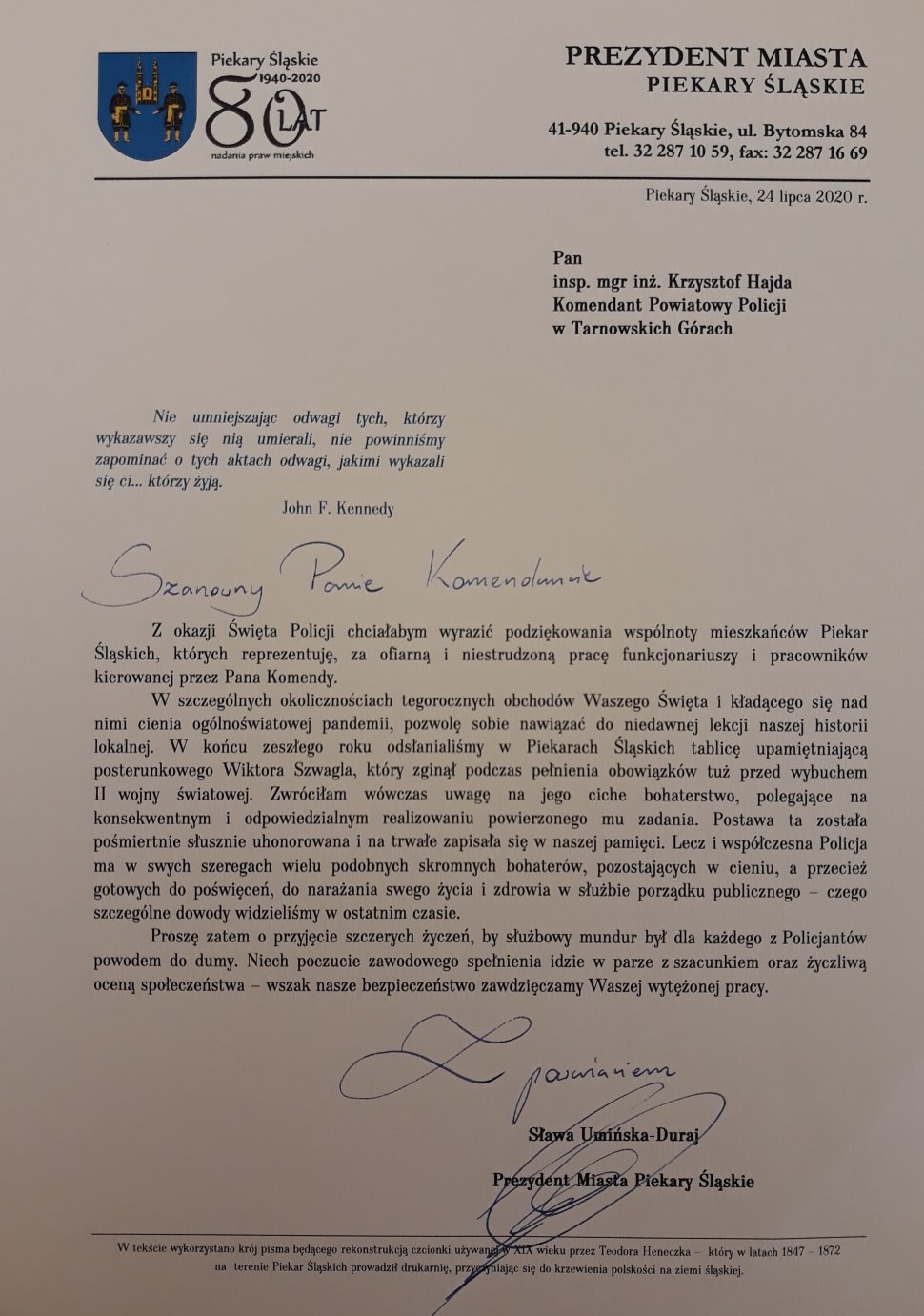 Adres okolicznościowy z życzeniami dla policjantów od Prezydent Miasta Piekary Śląskie