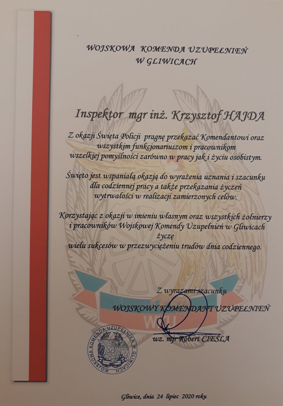 Adres okolicznościowy z życzeniami dla policjantów od Wojskowej Komisji Uzupełnień w Gliwicach