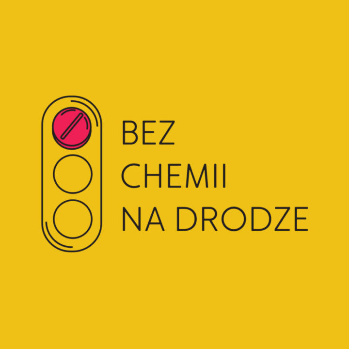 Grafika: na żółtym tle rysunek sygnalizacji świetlnej. Jedno ze świateł jest czerwone. Tekst na grafice: bez chemii na drodze