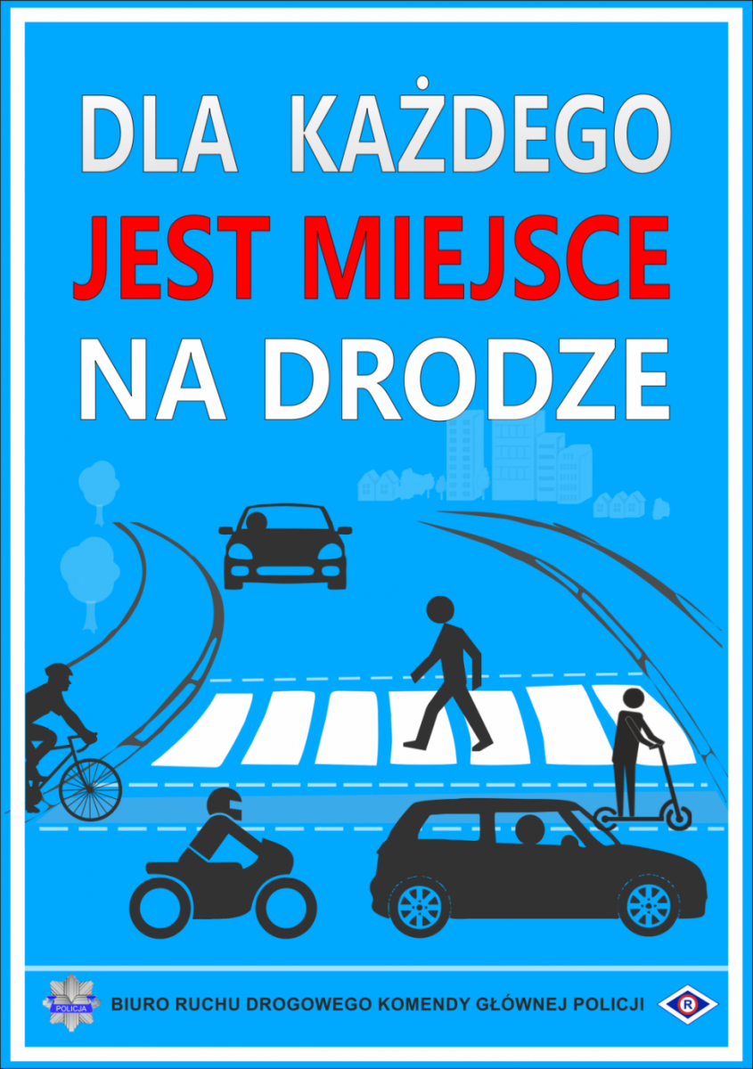 Plakat promujący kampanię. Na niebieskim tle widać przejście dla pieszych i pieszego, samochód, rowerzystę, motocyklistę oraz osobę na hulajnodze. Na dole plakatu napis: Biuro Ruchu Drogowego Komendy Głównej Policji, na górze plakatu napis: Dla każdego jest miejsce na drodze.