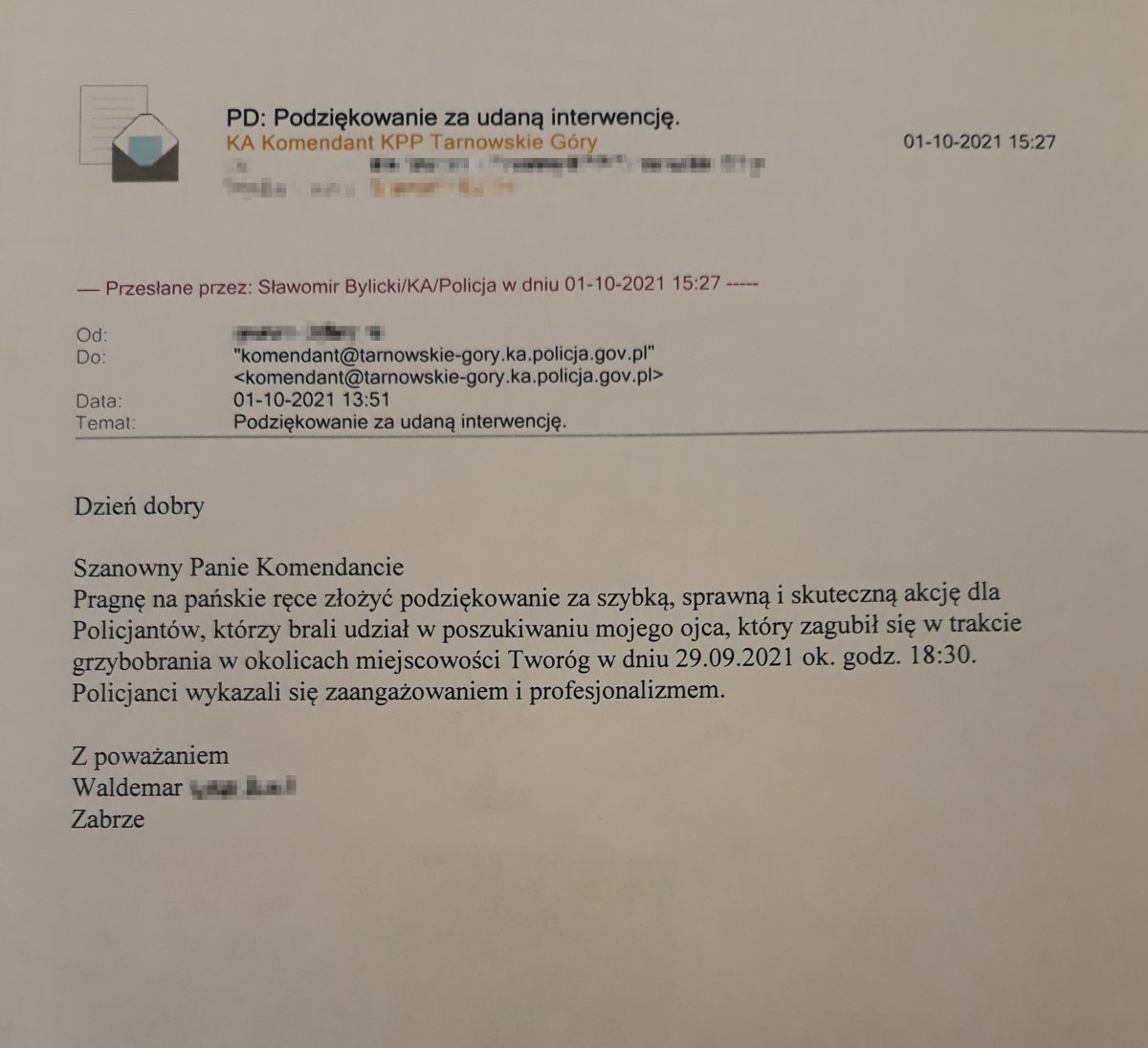 Treść podziękowań dla policjantów