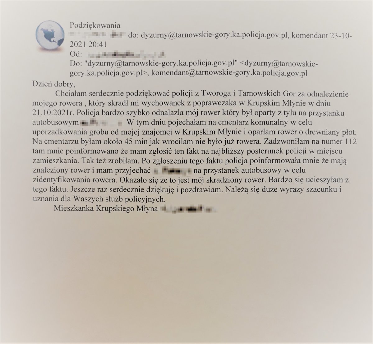 Zdjęcie przedstawia treść podziękowań, która została ujęta w tekście komunikatu
