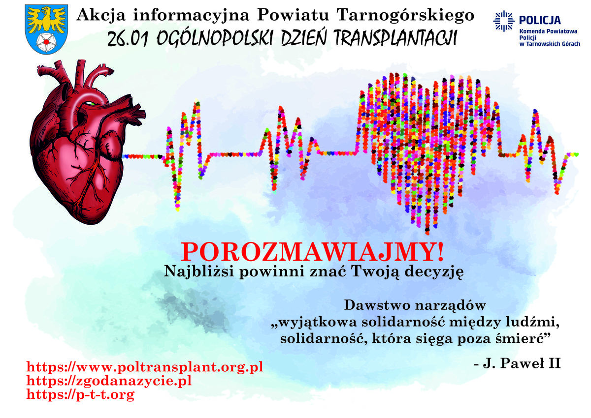 grafika przedstawiające ulotkę informacyjną do akcji związanej z transplantologią