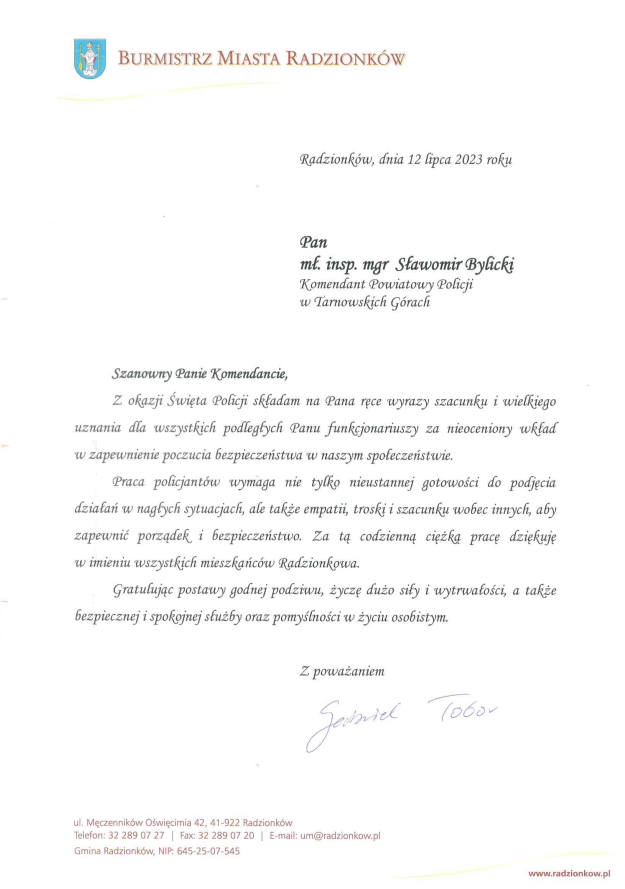 list gratulacyjny z życzenia dla komendanta powiatowego i policjantów