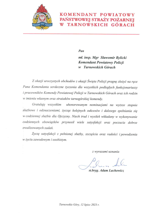 list gratulacyjny z życzenia dla komendanta powiatowego i policjantów
