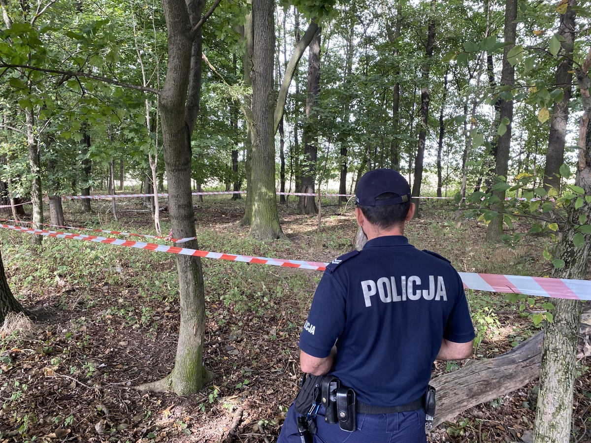na zdjęciu policjant stojący przy taśmie zabezpieczającej miejsce niebezpiecznego znaleziska w lesie 