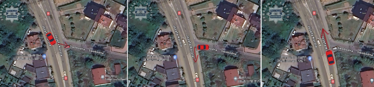 zrzut map z grafiką samochodu koloru czerwonego ze strzałką, wskazującą wykonanie prawidłowego manewru zawracania na skrzyżowaniu 
