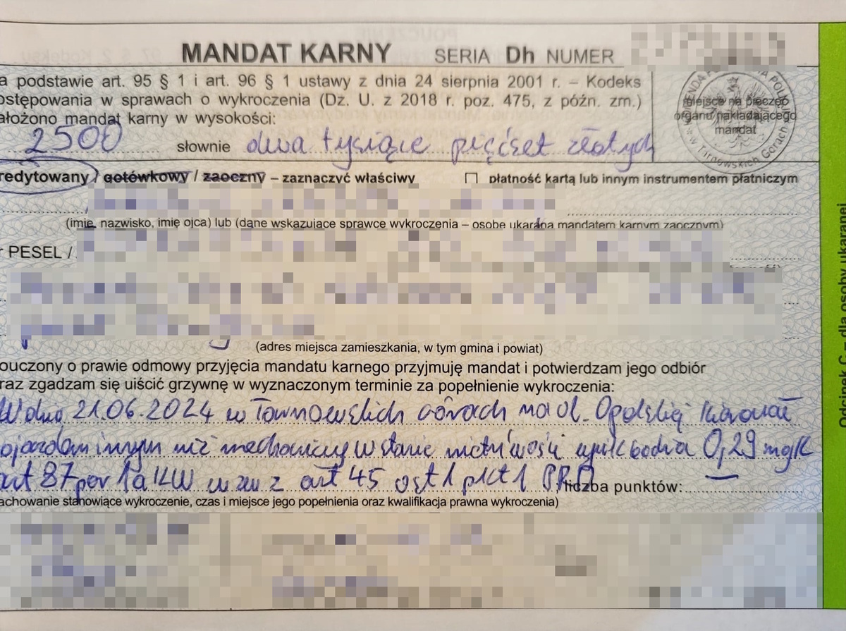 na zdjęciu druk mandatu karnego 