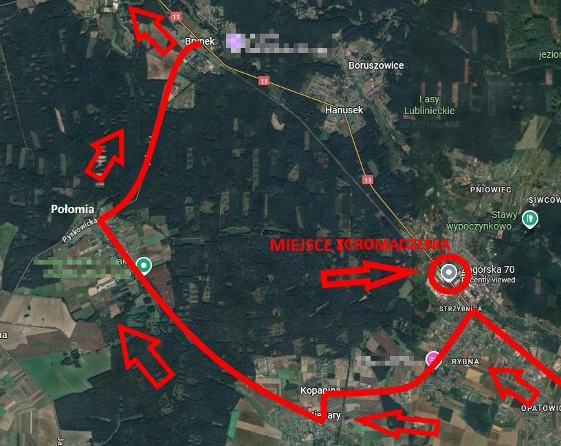 mapa z trasą objazdu
