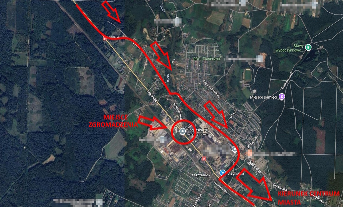 mapa z trasą objazdu