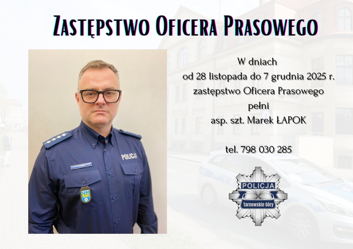 grafika ze zdjęciem policjanta i informacjami o zastępstwie 