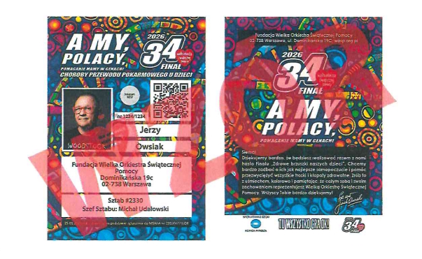 na zdjęciu wzór identyfikatora wielkiej orkiestry świątecznej pomocy 