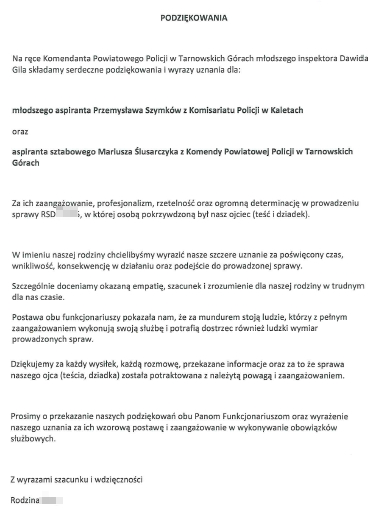 treść podziękowań