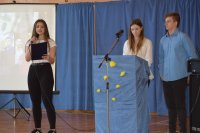 Zdjęcie przedstawia uczniów szkoły podczas występu artystycznego