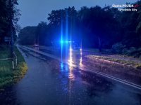 Na fotografii widać zaparkowany na jezdni policyjny radiowóz. Pojazd ma włączone sygnały świetlne.