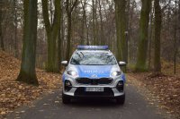 Na fotografii widać policyjny radiowóz. Dookoła auta znajduje się las.