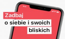 Grafika - telefon komórkowy. Tekst na grafice - zadbaj o siebie i swoich bliskich