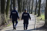 fotografia kolorowa: dwóch policjantów idzie alejką przez park