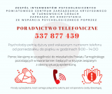 Plakat, na którym widnieje między innymi numer telefonu 537 877 459,  pod którym można skontaktować się z psychologami