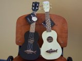 zdjęcie kolorowa: na zdjęciu widać 2 sztuki ukulele w kolorze czarnym i białym