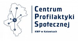 Grafika: zarys województwa śląskiego. Tekst na grafice: Centrum  Profilaktyki Społecznej KWP w Katowicach