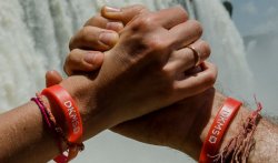Na zdjęciu widać dłonie w uścisku. Na rękach widać czerwone opaski z napisem DKMS