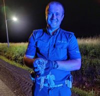 Na fotografii widać policjanta, który w rękach trzyma sowę