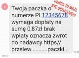Grafika: screen z telefonu o dopłacie do przesyłki. Teks na grafice: Uwaga to może być oszustwo - twoja paczka o numerze...wymaga dopłaty w kwocie 0,87 złoty brak wpłaty oznacza zwrot do nadawcy