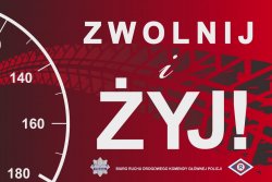 Grafika - połowa zegara, prędkościomierza samochodowego. Tekst na grafice - &quot;Zwolnij i Żyj&quot;