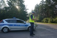 Na zdjęciu widać drogę biegnącą przez teren leśny. Przy drodze widać policjanta z Wydziału Ruchu Drogowego, który w dłoni trzyma urządzenie do badania stanu trzeźwości.