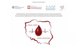 Grafika: Kontur mapy Polski. Na środku mapy widać kroplę krwi. Tekst na grafice: Nasza krew - Nasza Ojczyzna&quot;