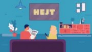 Grafika: Wnętrze pokoju. Na kanapie siedzi mężczyzna i kobieta. Na ścianie wisi telewizor, na którego ekranie wyświetla się napis &quot;hejt&quot;