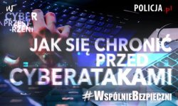 Grafika: Na tle przedstawiającym dłoń na klawiaturze komputerowej, widnieje napis  #WspólnieBezpieczni – Jak się chronić przed cyberatakami