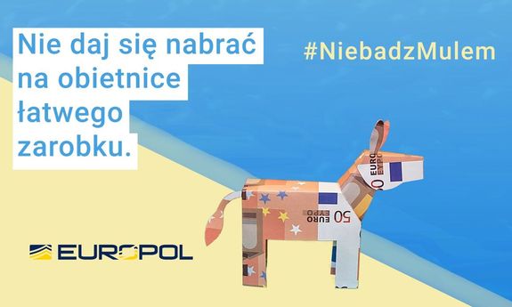 Grafika: muł zrobiony z banknotów Euro. Tekst na grafice:  Nie daj się nabrać na obietnice łatwego zarobku. #NieBadzMulem. Europol