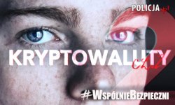 Grafika: Twarz mężczyzny, na której widnieje napis  Kryptowaluty cz. II, #WspólnieBezpieczni
