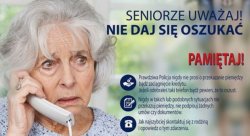 Infografika przedstawiająca zasady przedstawione w tekście, które wystarczy stosować, aby uchronić się przed oszustwem i przekazaniem pieniędzy fałszywemu policjantowi. Na zdjęciu widać seniorkę trzymającą w dłoni słuchawkę telefoniczną.