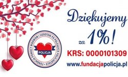 grafika z napisem Dziękujemy za 1%. KRS 0000101309 www.fundacjapolicja. Z lewej strony grafiki znajduję się gałąź z listkami w kształcie serc.pl