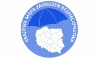 Grafika: Kontur mapy Polski, nad którą rozpościera się niebieski parasol. Dookoła grafiki widnieje napis: Krajowa Mapa Zagrożeń Bezpieczeństwa