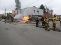 Na zdjęciu widać strażaków, którzy leją wodę do wykopu, z którego wydobywają się płomienie.