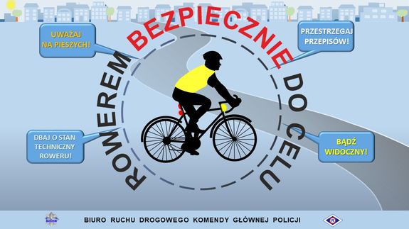 plakat przedstawiający rowerzystę jadącego na rowerze z napisem Rowerem bezpiecznie do celu i zasadami bezpieczeństwa