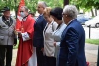 Na zdjęciu widać parlamentarzystkę, przedstawicieli władz miasta i powiatu oraz duchowieństwa, którzy oddają hołd pod tablicą upamiętniającą  „Poległych Powstańców Ziemi Tarnogórskiej”.
