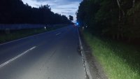 Na zdjęciu widać drogę, na poboczu której widać policjantkę i policyjny radiowóz