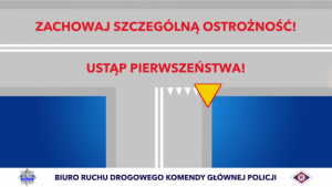 slajd ze spotu w ramach akcji &quot;Dla każdego jest miejsce na drodze&quot; z napisem Zachowaj ostrożność - ustąp pierwszeństwa Biura Ruchu Drogowego KGP&quot;
